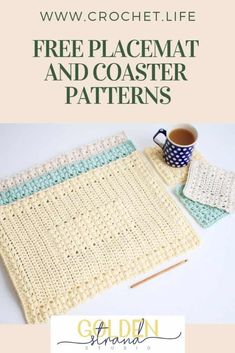 a crocheted placemat and coaster with the text, free pattern for it