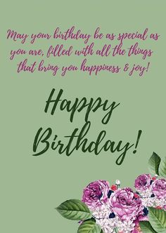 a green birthday card with pink flowers on it