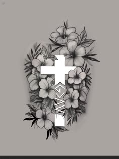 the cross is surrounded by flowers and leaves