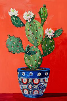 a painting of a cactus in a blue and white pot on a red background with flowers