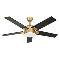 a ceiling fan with two black blades and a light on the bottom one is gold