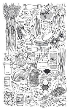 a black and white drawing of various food items