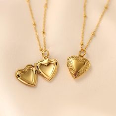 18k Gold-Plated Stainless Steel Small Heart Locket Necklace. Heart Locket Measures Roughly 12x12mm (1/2 Inches Width And Length) On A 16 Inch Chain With Lobster Claw Clasp. Necklace Heart Locket, Big Heart Necklace, Small Heart Necklace, Gold Heart Locket, Picture Locket, Photo Locket Necklace, Engraved Initials, Heart Locket Necklace, Locket Pendant Necklace