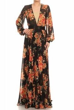 Luxe up the seasons in this garden comeback beauty featuring floor-length floral Print long sleeve maxi dress. This lightweight black and orange floral print maxi dress has a deep v-neck and pleated detailing creating a slender impressing with its gathered detail at the waist. Floral Formal Dress Long, Floral Long Sleeve Maxi Dress, Floral Wedding Guest, Long Sleeve Floral Maxi Dress, Flowy Dresses, Wedding Attire Guest, Chiffon Maxi, Sleeve Maxi Dress, Long Wedding Dresses