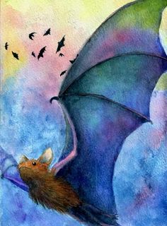 a painting of a bat flying through the air with bats in the sky behind it