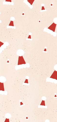 a red and white background with santa hats on it's sides, all over the surface