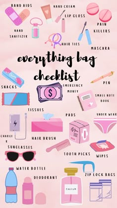 the everything bag checklist is shown in pink and blue, with lots of items on it