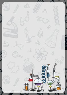 an image of a science theme with many different things on it, including beaks and flasks