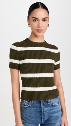 Fabric: Mid-weight boucle knitStripe patternCrew neckShort sleevesShell: 84% cotton/14% polyamide/2% elastaneWash coldImported, ChinaStyle #MADEW46686 Madewell Fall, Madewell Outfits, Stylish Women Fashion, Fall Capsule Wardrobe, Classic Jacket, Madewell Sweater, Knit Crewneck, China Fashion, Patterned Shorts