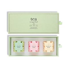 three teas in a green box on a white background with the words tea written below them