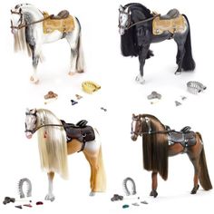 four different types of toy horses in various poses and sizes, all with long blonde hair