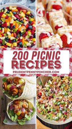 several different pictures with the words 200 picnic recipes on them and images of food in red and white checkered napkins