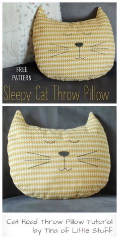 two pillows that have cats on them, one is yellow and the other is white