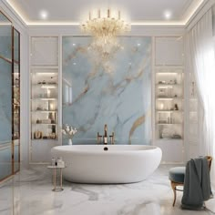 a bathroom with marble walls and flooring, white bathtub next to a chandelier