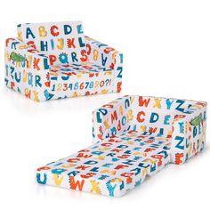 two children's sofas with letters and numbers printed on them, one has a footstool