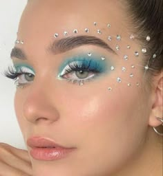 Mermaid Rhinestone Makeup, Acrobat Makeup, Mermaid Theme Outfit, Senior Traditions, Bonnaroo 2023, Mermaid Inspired Makeup, Disco Mermaid, Ocean Makeup