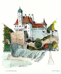 a drawing of a castle on top of a hill