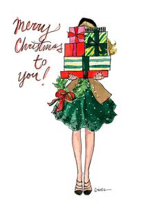 a drawing of a woman carrying presents on her back with the words merry christmas to you