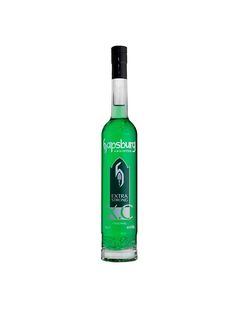 a bottle of green liquid on a white background