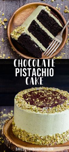 chocolate pistachio cake on a wooden plate with a fork in it and the words, chocolate pistachio cake