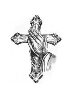 a black and white drawing of a hand holding a cross