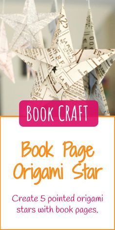 a book page origami star hanging from strings with the title, book craft