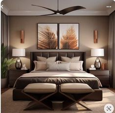 a large bed sitting in a bedroom next to two lamps