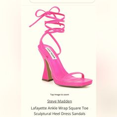 Lafayette Ankle Wrap Square Toe Sculptural Heel Dress Sandals, Color-Magenta, Size 11m, 4” Heel Runs Small Sandals Feature: Synthetic Upper Square Toe Construction Ankle Wrap Lace-Up Closure Synthetic Lining Synthetic Outsole Approx. 4" Heel Height Imported. Fitted Sandals With 4-inch Heel And Ankle Tie, Fitted Sandals With Pointed Toe For Spring, Spring Ankle Tie Heels With Sculpted Heel, Fitted Pointed Toe Sandals For Spring, Spring Ankle Wrap Sandals With Sculpted Heel, Spring Ankle Tie Sandals With 4-inch Heel, Fitted Sandals With Stacked Heel For Summer, Fitted Sandals With 4-inch Heel For Spring, Spring Ankle Wrap Heels With Sculpted Heel