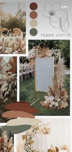 a collage of different colors and textures for a wedding ceremony with flowers, feathers, and an easel