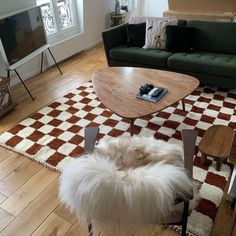 a living room filled with furniture and a checkered rug on top of a hard wood floor