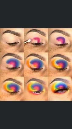 Eyeshows Looks Colorful, Color Block Eyeshadow, Rave Inspo Makeup, Extreme Eyeshadow Looks, Black Light Eye Makeup, Awesome Makeup Looks, Tye Dye Eyeshadow Looks, Bright Colorful Eye Makeup Step By Step, Rainbow Eye Makeup Simple