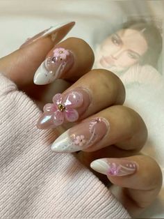 Cute Nails With Flower Design, Flower Nail Acrylic, Easy Designs On Nails, Homecoming Nail Ideas Simple, French Tips With Pink Design, Flower Nail French Tip, Almond Nail Inspo Winter, 3d Nails Flowers, Nail Inspo Simple Design