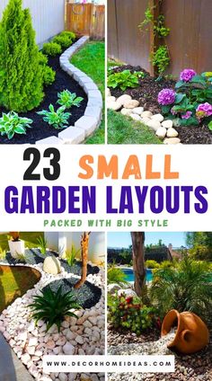 small garden layouts with text overlay that reads, 23 small garden layouts