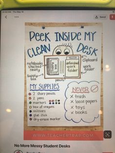 a computer screen with a sign on it that says, peek inside my clean desk