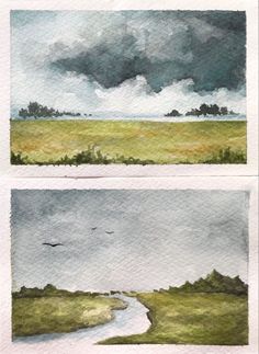 two watercolor paintings of green fields and clouds in the distance, one with a river running through it