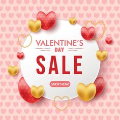 valentine's day sale banner with hearts on pink and gold polka dot pattern background