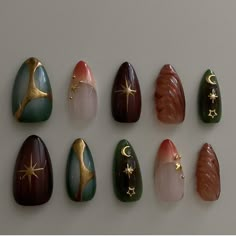 Brown And Chrome Nails, Dark Celestial Nails, Whimsy Goth Nails, Earthy Nails Designs, Tarot Nails, Mystical Nails, Fairy Nail Art, Witchy Nails, Hippie Nails