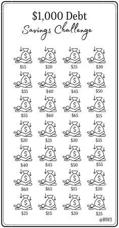 the $ 1, 000 debt saving challenge is shown in this black and white drawing