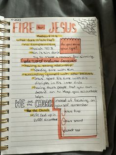 a notepad with writing on it that says fire - jesus, we are church