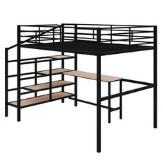 a black metal bunk bed with stairs and shelves on the bottom level, against a white background