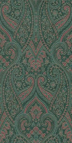 a green and red wallpaper with an intricate design on it's side,