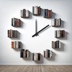 a clock made out of books on a wall with a wooden floor in front of it