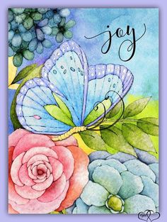 a blue butterfly sitting on top of a pink flower next to a white rose and green leaves