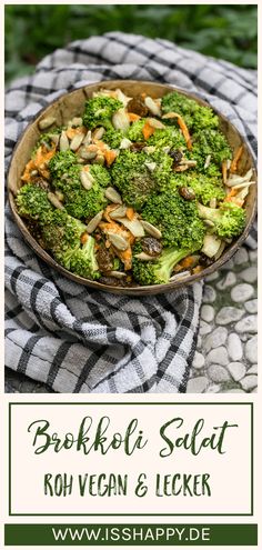 broccoli salad in a bowl on top of a towel with text overlay