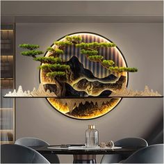 a dining room table with chairs and a round painting on the wall above it that has pine trees in front of mountains