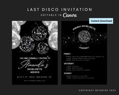 a black and white flyer with disco balls