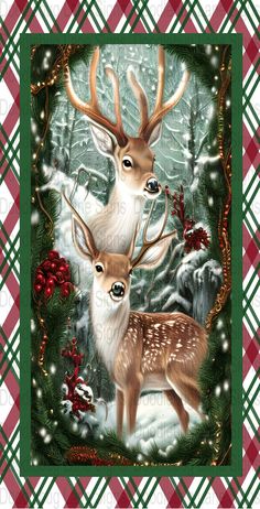 two deer standing next to each other in front of a christmas tree and snow covered forest