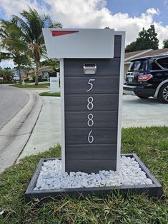 a black and white mailbox sitting in the grass