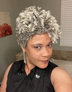 "This Full Synthetic Curly \"Girl\" is a Sophisticated and Natural look for every day. Styled by me, you will not find another like her anywhere. Simply finger comb , style her as you like, and GO! She's that easy. Color Shown: White Salt and Pepper" Grey Hair Don't Care, Wavy Pixie, Salt And Pepper Hair, Curly Pixie, Hair To One Side, Beautiful Gray Hair, Hair Wraps, Curly Girl, Locs Hairstyles