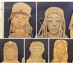 several pictures of cardboard cutouts of different people with hats and dreadlocks on their heads